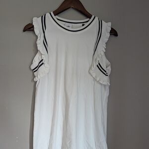 CAbi Ruffled White Sleeveless Tank Top with Black Trim